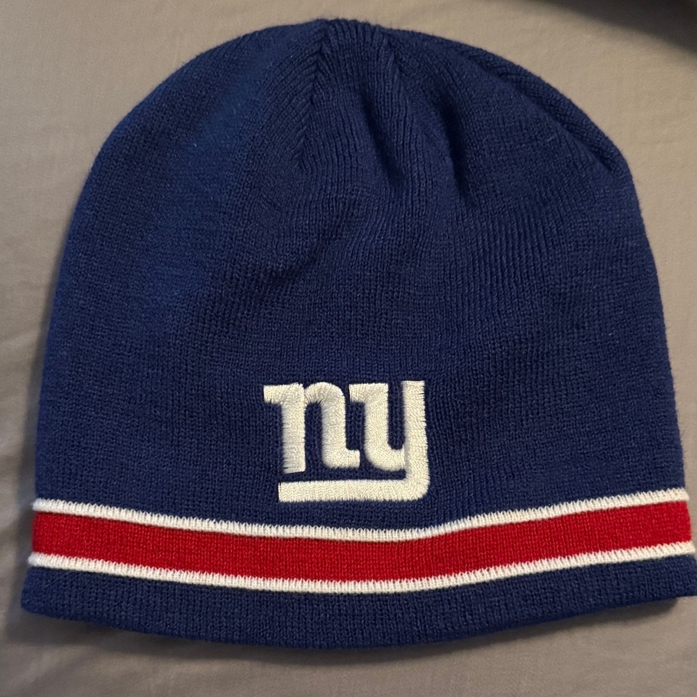 Blue Knit NY Giants Beanie with Red and White Stripes